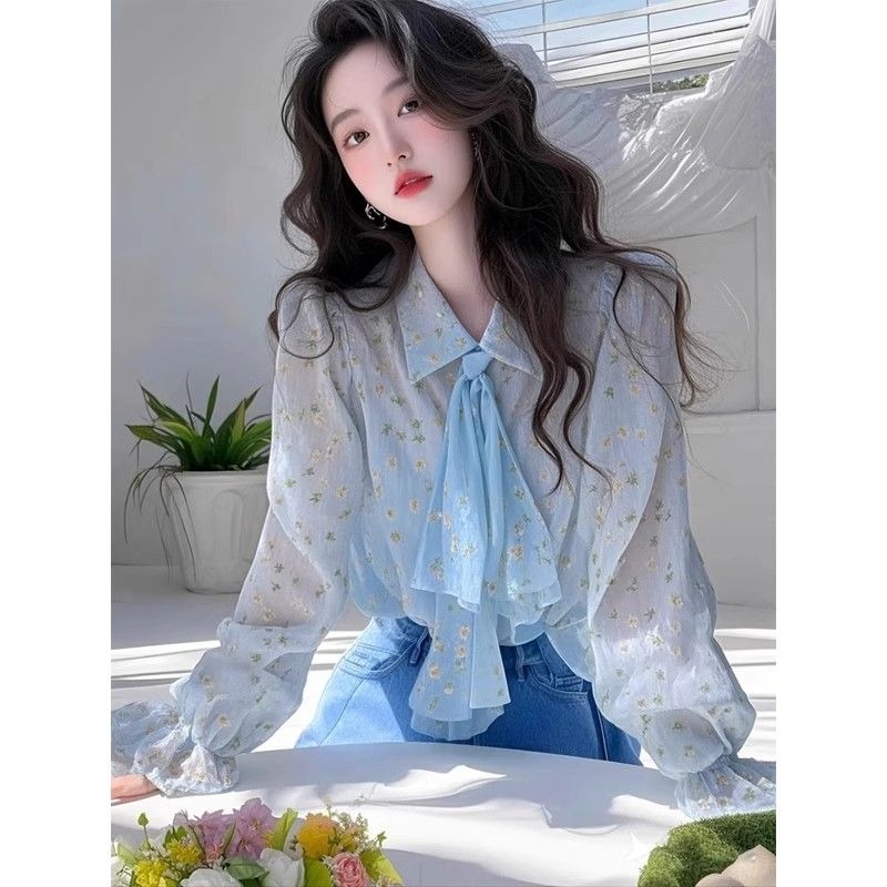 Women'S Formal Wear Blouse - Fransız Zarif Mavi Ilmek Polo Yaka