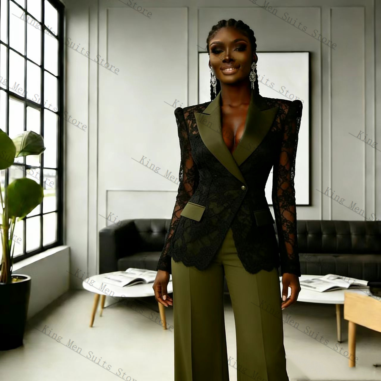 Women'S Formal Wear Pants Suit - Yeşil Siyah Dantel Kadın Takım Elbise