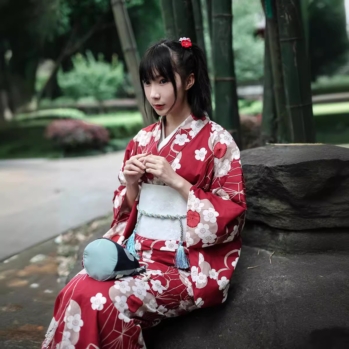 Japanese Women Formal Wear - Kırmızı Japon Yukata Kimono Kadın Modifiye