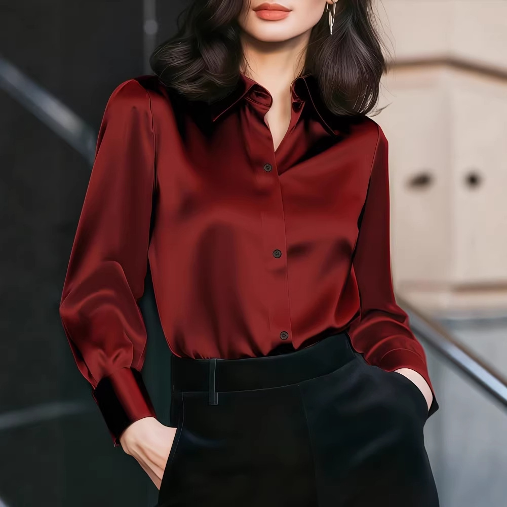 Women Formal Wear Business - Kadın Saten Yaka Detaylı Bluz, Düğmeli,