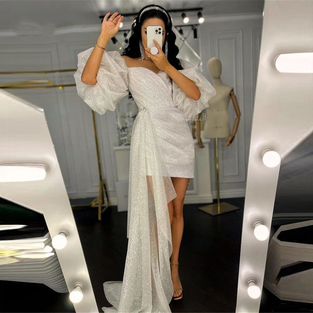 Women Formal Wear Dubai - Pırıltılı Kısa Gelinlik Puf Kollu Sevgiliye